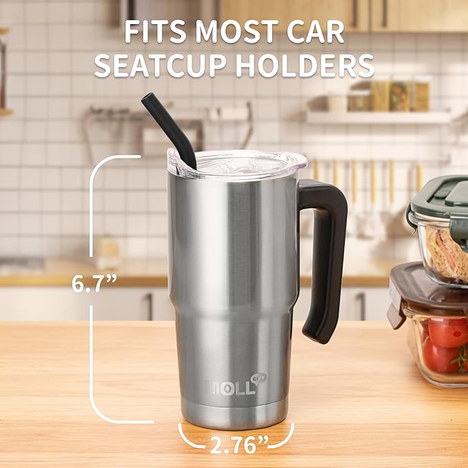 Insulated Tumbler with Handle 16 oz Stainless Steel Double Wall Vacuum Tumbler Cups Travel Coffee Mug with Lid and Straw(Silver)