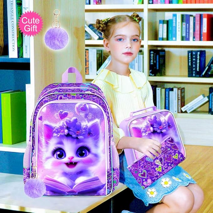 CCJPX 3Pcs Cat Backpack for Girls, 16” Kids Bookbag with Lunch Box, Water Resistant Elementary School Bag for Kindergarten Preschool Toddler (Purple)