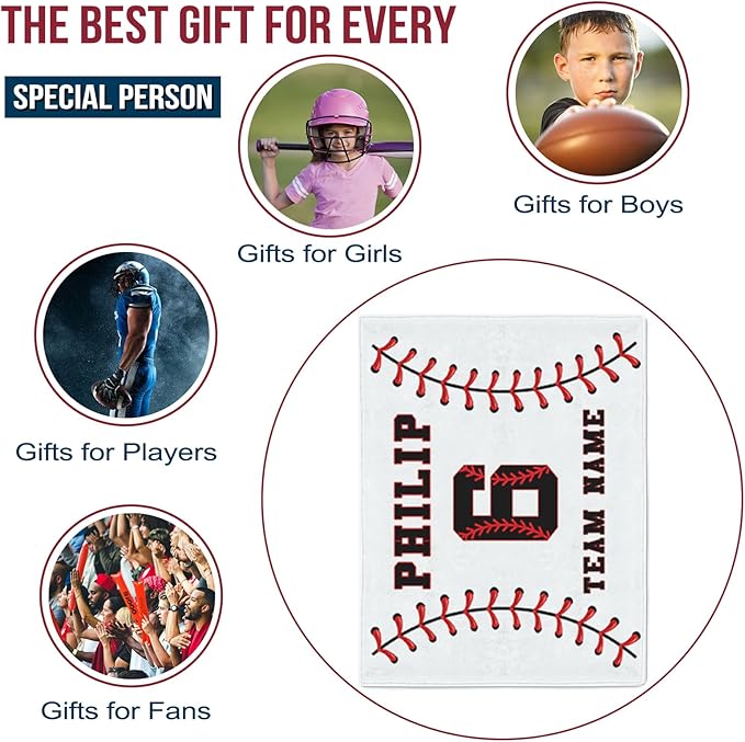 Personalized Baseball Blankets with Name Numbers, Custom Baseball Team Game Throw Flannel Blankets Stuff Gifts for Boys Sports Lover Fans Kids Adult