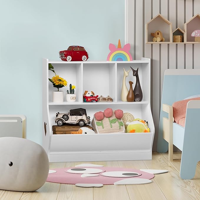 Lerliuo Kids White Toy Storage Organizer, Children Small Bookcase and Bookshelf, Toddler 4 Cubby Toy Storage Cabinet, Toy Shelf for Playroom, Bedroom, Living Room, Nursery, School 29.53'' H
