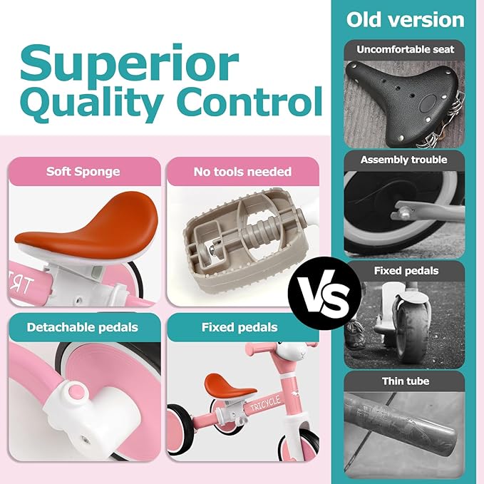 Tricycle for Toddlers 1-5 Year Olds, Toddler Balance Bike for Boys Girls 2-4, Toddler Tricycle with Light & Music Front, Kids Bicycle with Removable Pedal, Birthday Gifts for 1 2 3 4 5 Year (Pink)