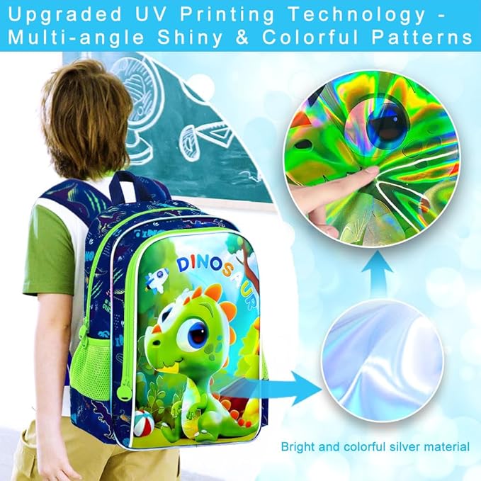 16" Dinosaur Backpack, 3Pcs Boy Bookbag for Elementary Preschool Kindergarten, Kids School Backpacks with Lunch Box (Green)