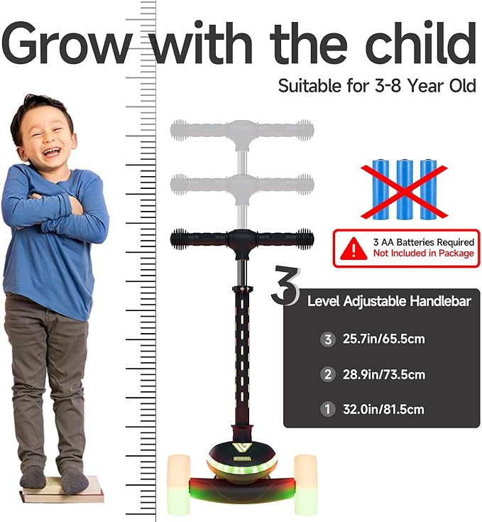 Winhope Kids Kick Scooter, 3 Wheel Scooter for Boy and Girl, LED Lighted Wheels and Widen Deck, Outdoor Ride-On Toys for Kids Aged 3-8