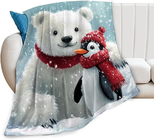 Polar Bear Blanket Penguin Throw Blankets for Girls Boys Women Men Gifts Plush Cozy Flannel Fleece Fuzzy Christmas Blanket for Bed Couch Sofa 80"X60"