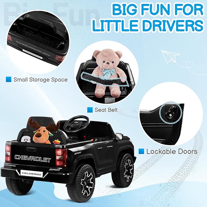 Winado Licensed Chevrolet Colorado Electric Car for Kids, 12V Ride on Toys for Toddlers with Remote Control, Battery Powered Electric Car Ride On Vehicle w/Bluetooth, Soft Start, LED Lights - Black