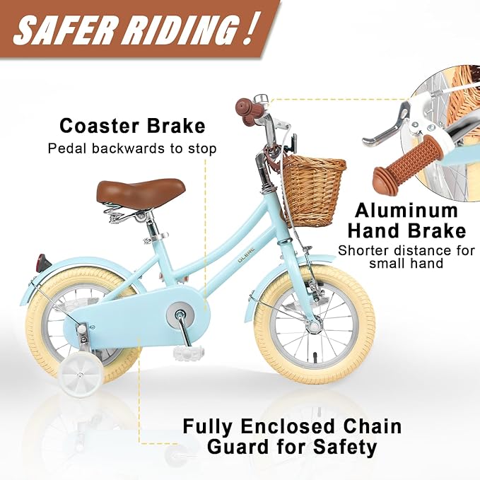 Glerc Little Molly 12-20 Inch Kids Retro Cruiser Bike for 2-13 Year Old with Wicker Basket & Training Wheels/Kickstand, Multiple Colors