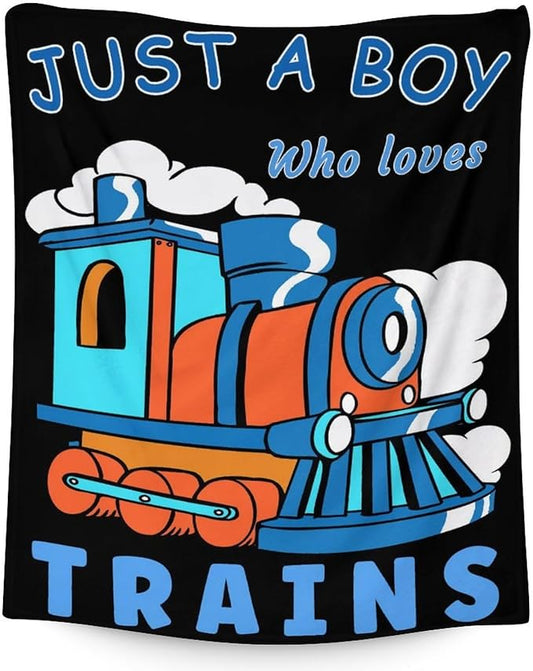 Train Blanket for Boys - Plush Fluffy Flannel Blankets - 50"x60" Inches Throw Size for Sofa - Black Vintage Train Throws Gift