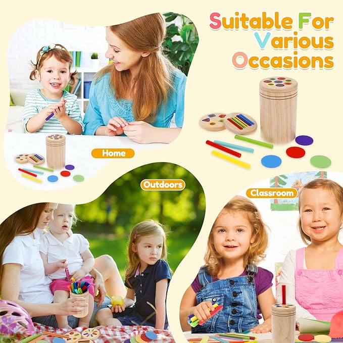 Shapes and Color Sorting Toys, 4 In1 Wooden Learning Color Sorting Toy Wood Montessori Game Set Sensory Educational Toys for Toddlers