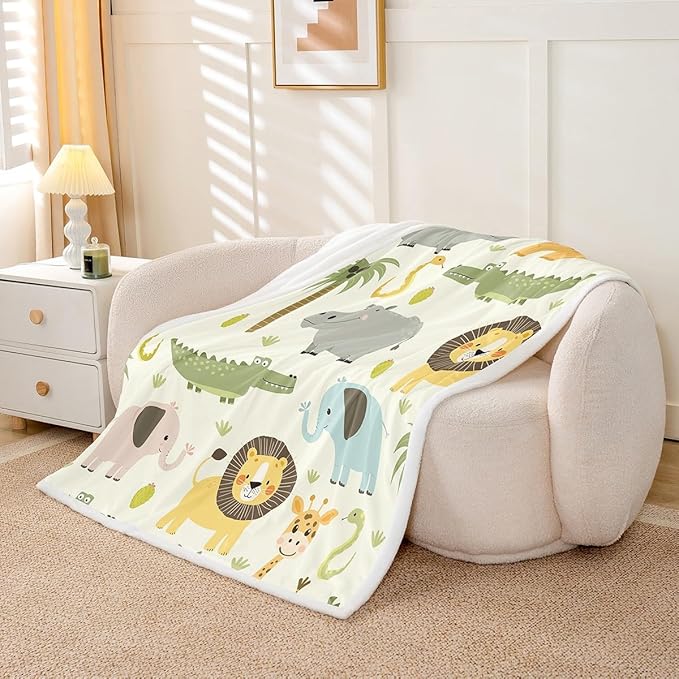Feelyou Nursery Cute Wild Animals Fleece Throw Blanket for Girls Boys Kids Cartoon Lion Giraffe Crocodile Plush Blanket Decor Nature Wildlife Sherpa Blanket Zoo Animal Theme Fuzzy Blanket 40x50 Inch