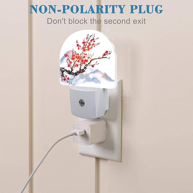 Plug in Night Lights Oriental Cherry Tree Ink Painting Nightlight Plug Into Wall Dusk to Dawn Sensor LED Night Light for Kid Girls Boys Room Decor,Hallway,Kitchen,Bathroom,Nursery,Stairs