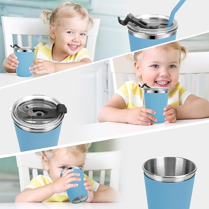 Kids Cups with Straws and Lids Leak Proof, 12oz Sippy Cups for Toddlers 1-3, Spill Proof Cup Stainless Steel Kids Cups with Lids for Home School, Outdoor, 4 Pack