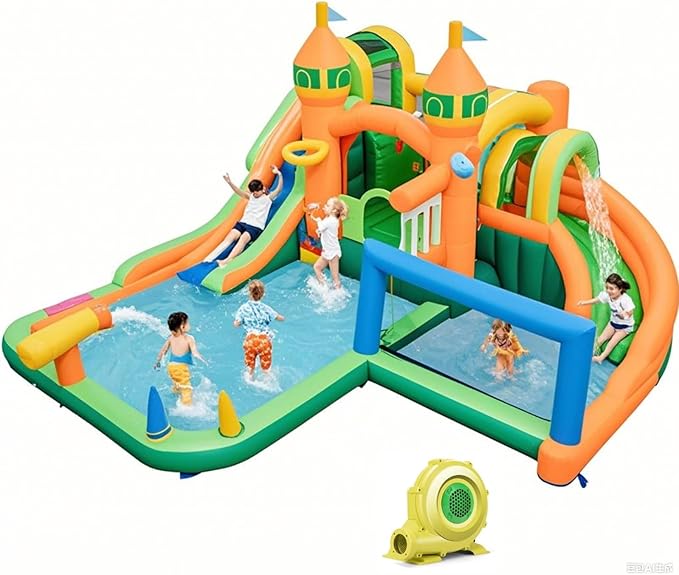BOUNTECH Inflatable Water Slide, 9 in 1 Dual Slides Kids Water Park Jump Castle Water Soccer, Big Splash Pool, Water Slides Inflatables for Outdoor, Backyard Party Water Slide Bounce House with Blower