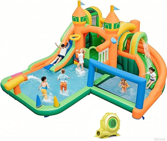 BOUNTECH Inflatable Water Slide, 9 in 1 Dual Slides Kids Water Park Jump Castle Water Soccer, Big Splash Pool, Water Slides Inflatables for Outdoor, Backyard Party Water Slide Bounce House with Blower