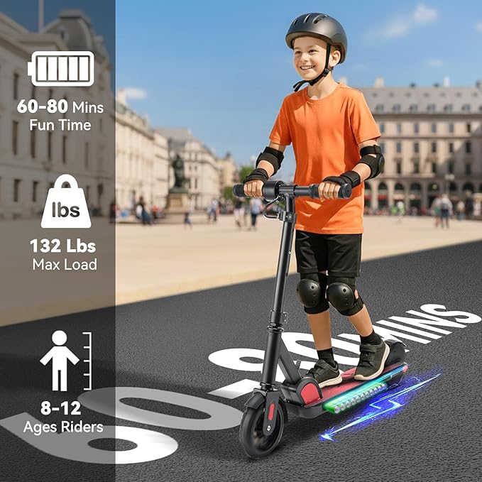 Caroma Electric Scooter for Kids Ages 6-14, 150W/180W Motor,10 MPH Max Speed & 7 Miles,Adjustable Height & Speed,Colorful Lights,LED Display,Foldable Kids Electric Scooter 132 Lbs Max Load