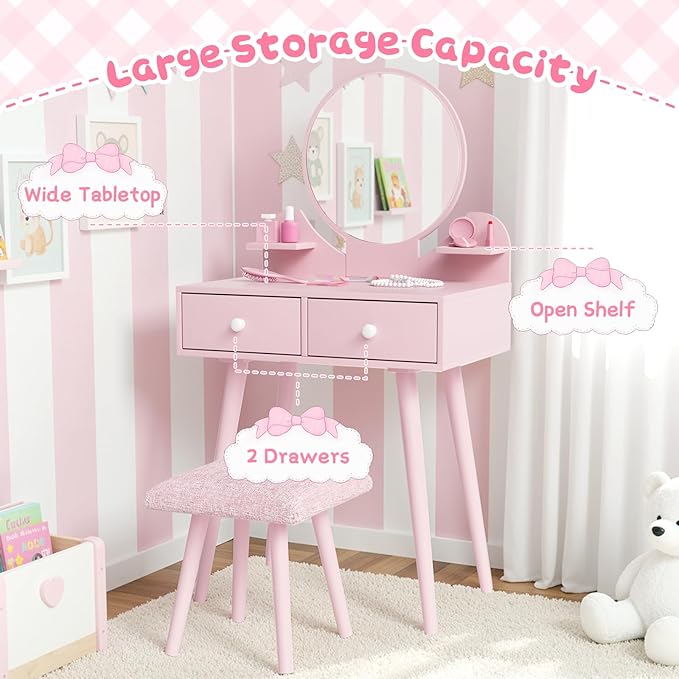 Arlopu Kids Vanity Table and Chair Set, 2 in 1 Toddler Makeup Dressing Desk with Detachable Large Mirror and Stool, Drawers, Princess Wooden Pretend Play Toys for Little Girls (Pink)