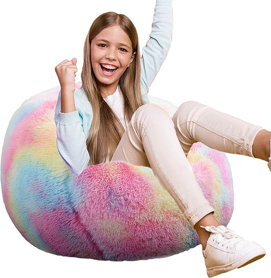 Fluffy Bean Bag Chair for Kids, 2.5FT Round Memory Foam Filled Bean Bag for Teens & Kids, Ultra Soft Faux Fur Fabric Bean Bag Chairs for Playroom, Living Room, Bedroom, Rainbow