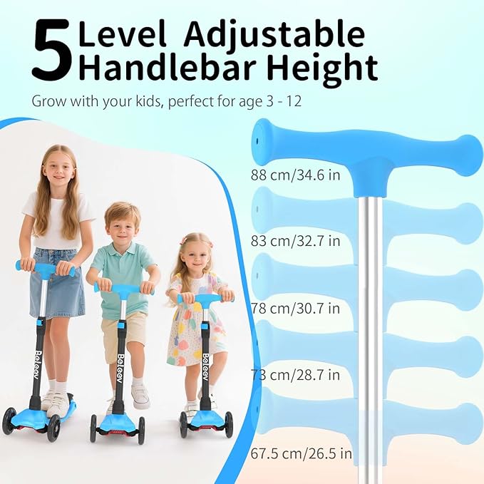 BELEEV Scooters for Kids 3 Wheel Kick Scooter for Toddlers Girls Boys, 4 Adjustable Height, Lean to Steer, Light up Wheels, Extra-Wide Deck, Easy to Assemble for Children Ages 3-12 (Rose Pink)