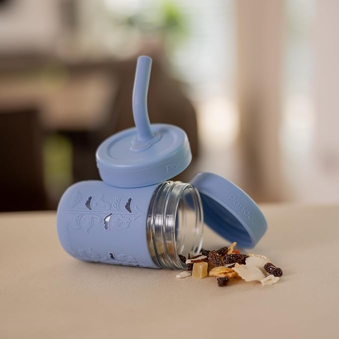 Pandaloo® Mason Jar Toddler Cup - 8 oz Spill-Proof Glass Tumbler with Silicone Straw and Lid, Non-Slip Sleeve, BPA-Free Toddler Snack Cups - Perfect Smoothie Cups with Lids and Straws for Kids