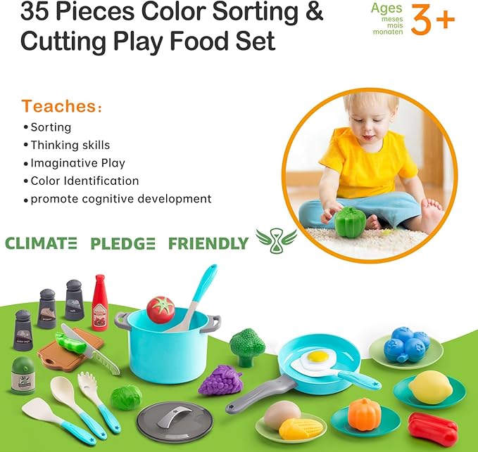 35Pcs Kids Kitchen Toy Accessories, Toddler Pretend Cooking Playset with Play Pots, Pans, Utensils, Cookware, Play Food Set, Toy Vegetables, Learning Gift for Girls & Boys (Turquoise)