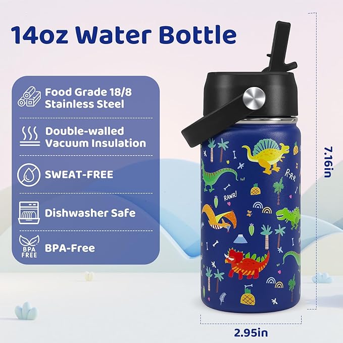 Dinosaur Kids Water Bottle With Straw Lid,14 oz Stainless Steel Travel Bottle,Double Wall Leak Proof Kids Cup,Insulated Tumbler for Toddlers,Metal Bottle for School Boys Girls