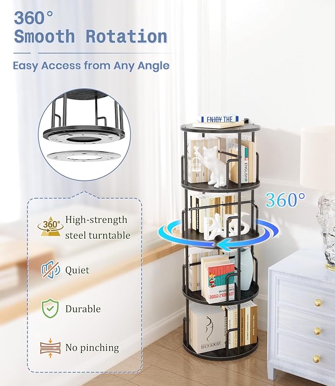 4 Tier Rotating Bookshelf Tower Round Black,50” Floor Standing Spinning Bookshelf Tower Anti-Tipping Design,Metal & Wood Revolving Bookcase Stackable Space Saving for Small Spaces,Study,Living Room