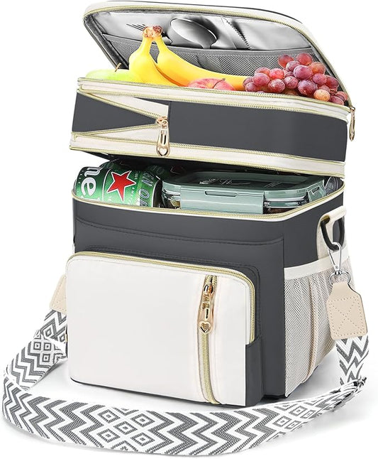 LOKASS Lunch Bag& Lunch Box for Men Women Double Deck,Large Insulated Adult Lunch Box Leakproof Lunchbox Cooler Bag for Work Picnic Beach,（Gray&White）