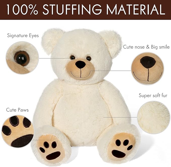 LotFancy Teddy Bear Stuffed Animals, 20 inch Cute Bear Plush Toy with Footprints, Plushies Gift for Kids Baby Toddlers on Baby Shower, Birthday, Christmas, Easter Decorations, Beige