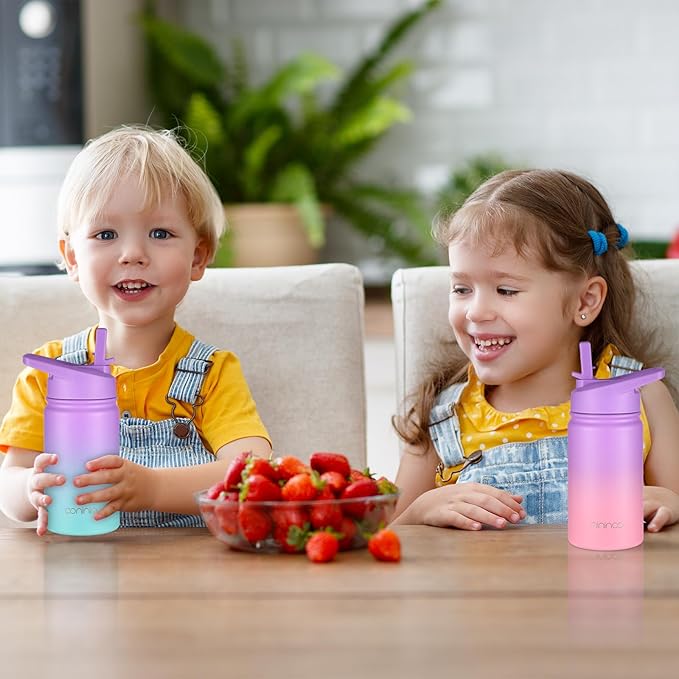 Mininoo Insulated Kids Water Bottle, 12 oz Stainless Steel Water Bottle Kids with Straw Lid and Chug Lid for Girls, Boys (Purple/Pink)