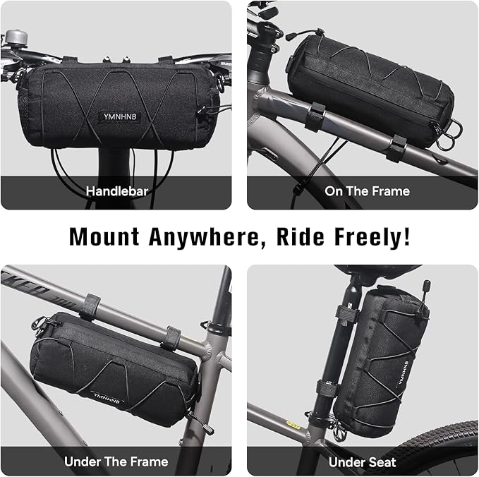 Bike Handlebar Bag, Waterproof Bicycle Storage Pouch, Cylindrical Handlebar Bag with Shoulder Strap & Elastic Cord, Fits Road & Mountain Bikes