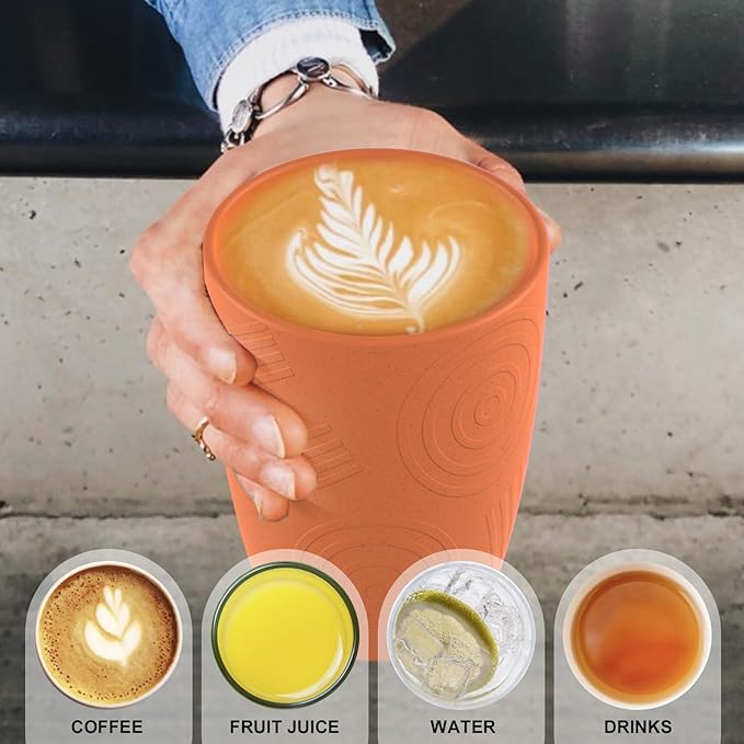 unbreakable wheat straw cups 12oz set of 6 with textured pattern anti slipping,alternative plastic drinkings cups suitable for hot and cold beverage,Yellow-Orange-Blue