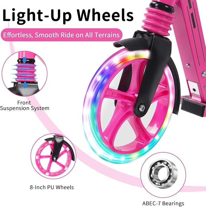 BELEEV V5 Plus Scooters for Kids Ages 6+, Teens with Light-Up Wheels & Deck, 2 Wheel Folding Lightweight Sport Scooter with 4 Adjustable Height, 8-inch Big Wheels, Carry Strap, Max Load 220 lbs
