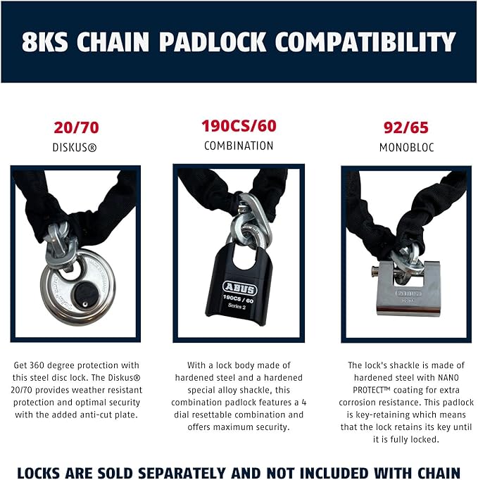 ABUS Hardened Steel 8KS 2 Foot x 5/16" Thick Square Security Chain with ABUS 20/70 Diskus Stainless Steel Padlock with 3/8" Shackle for Bikes, Containers, Trailers, ATV's, Motorcycles and Personal use