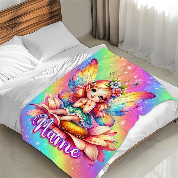 Girls Blanket Personalized Fairy Throw Blankets Gift for Kids Teens Age 8-12, 50x60 Inches Comfy Soft Custom Cute Stuffed Throws for Couch Bed Home Decor