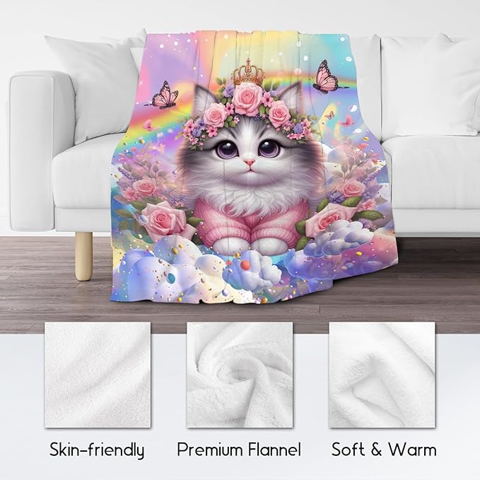 Kids Blankets Blanket with Cat - 50x60 Inches Cozy Soft Flannel Throw Gifts for Couch, Bedroom