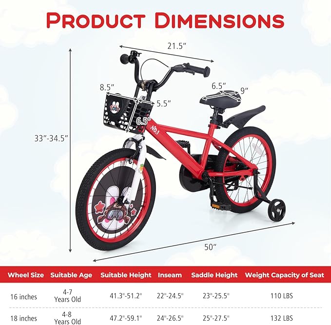 BABY JOY Rabbit Pilot Sporty Kids Bike, 12 14 16 18 Inch Child Bike for 3-8 Years Old with Adjustable Height, Training Wheels, Storage Basket, Handbrake & Coaster Brake, Kids Bicycle for Girls Boys