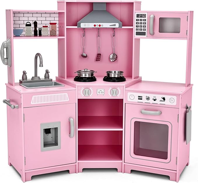 JOYLDIAS Kids Play Kitchen,Corner Wooden Pretend Toddler Kitchen Toys Playset with Realistic Lights & Sounds,Microwave Oven,Water Dispenser, Phone, Sink,Cooking Accessories, for Ages 3+, Pink