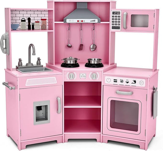 JOYLDIAS Kids Play Kitchen,Corner Wooden Pretend Toddler Kitchen Toys Playset with Realistic Lights & Sounds,Microwave Oven,Water Dispenser, Phone, Sink,Cooking Accessories, for Ages 3+, Pink