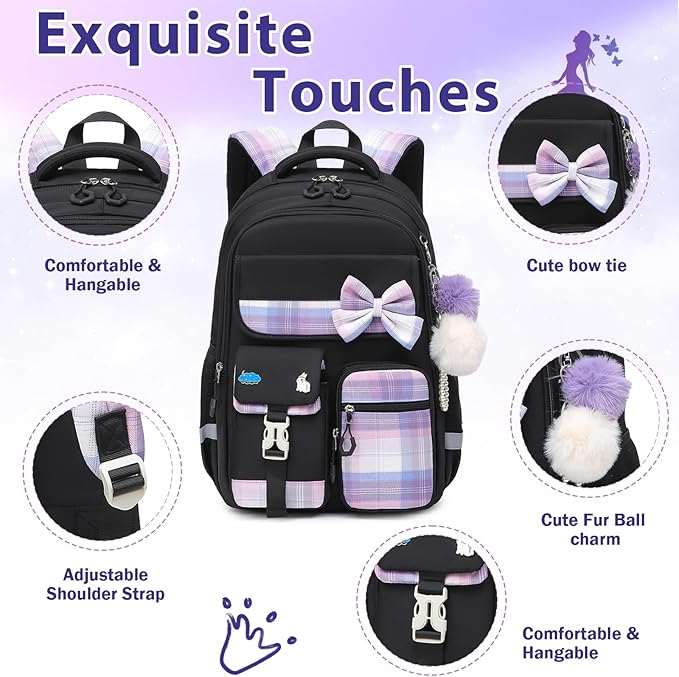 School Backpack for Girls Kids Bookbag for Elementary Middle School Casual Travel Daypack Teen Backpacks Black