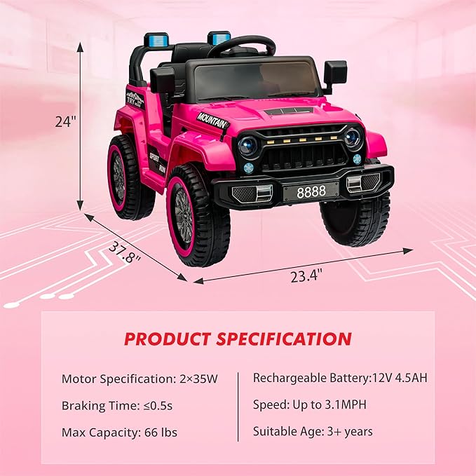 12V Kids Ride-on Truck with Parent Remote Control,All-Terrain Electric Car with Twin 35w Motors, 3 Speeds & Spring Suspension,LED Lights for Fun Night Drives,Ideal Gift for Boys & Girls
