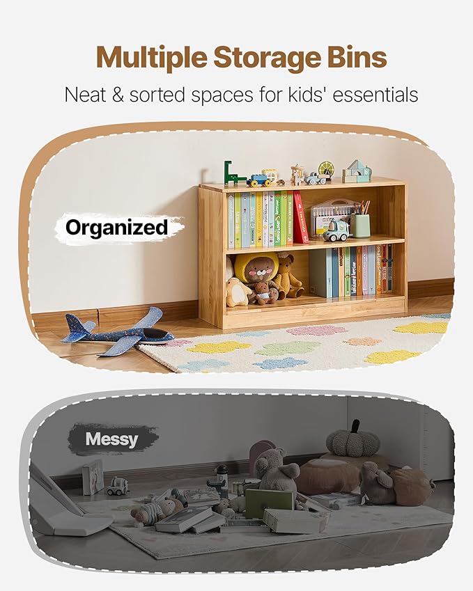 VEVOR Montessori Bookshelf, Wooden Toy Storage Organizer, 2-Cubby Toy Organizers and Storage, Daycare Furniture, Kids Bookshelf for Bedroom, Nursery, Living Room, Entryway, Preschool, Rubberwood