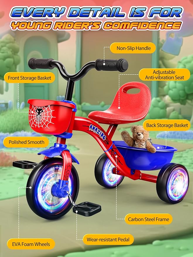 Tricycle for Toddlers 1-3 3-5 Year Olds, Spider Toddler Bike Baby Balance Bike with Colorful Lighting Wheels & Large Basket, Birthday Gift and Toy for 1 2 3 4 5 Year Olds Boys and Girls