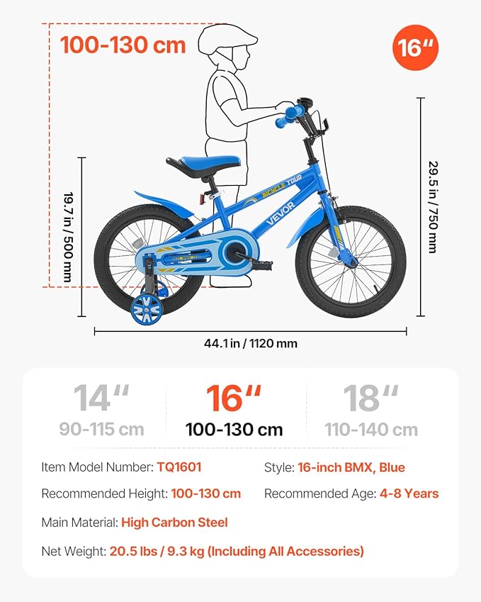 VEVOR Kids Bike, 14/16/18 Inches BMX Style Children Bicycle, Training Wheels Included, Sturdy and Easy to Assemble, Toddler Bike for Boys & Girls Learning to Ride, Blue