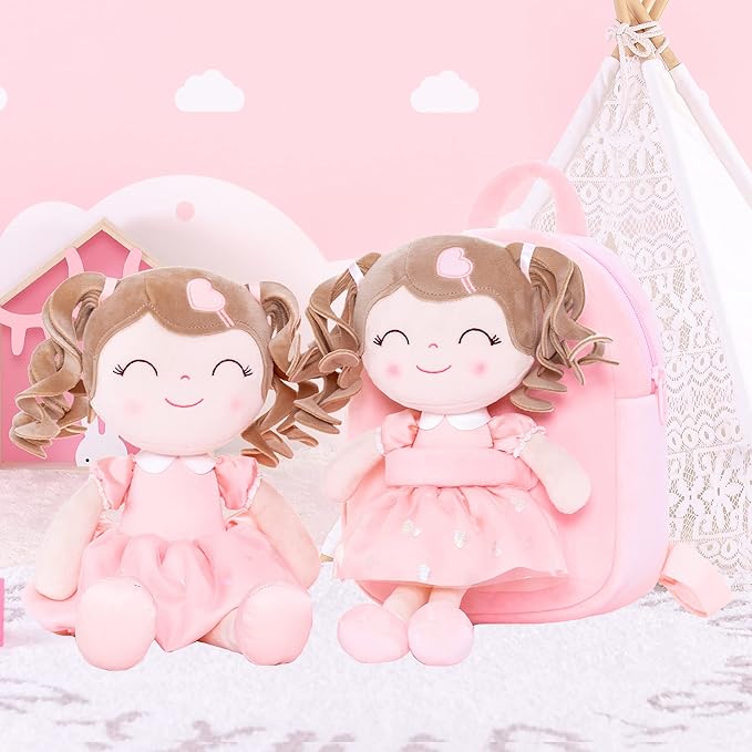 Gloveleya Toddler Backpack Baby Girl Gifts Plush Bag Diaper Bag with Spring Girls Doll Curly Hair Girl Toys with Love Pink