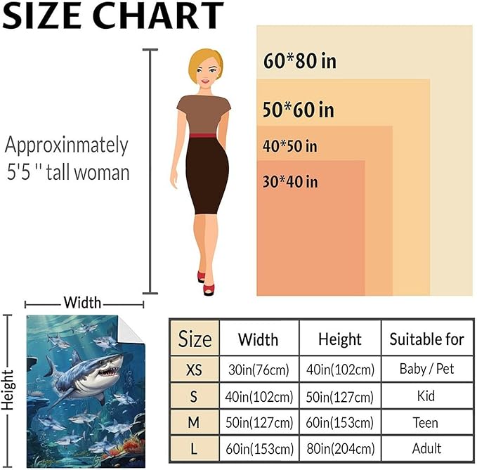 Shark Blanket for Boys - 50 x 60 Inches Throw Size Blankets for Shark Lovers - Blue Funny Lightweight Soft Gifts for Couch, Travel