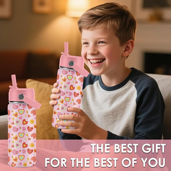Heart Gifts for Kids - 16 Oz Kids Water Bottle with Straw Lid, Stainless Steel Insulated Tumbler, Leak Proof, BPA-Free, for Girls, School, Travel - Heart Pattern Children Birthday Gifts Cups(1pc)