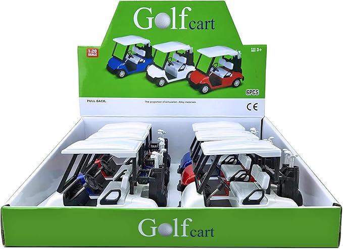 6 Pack: Diecast Golf Carts Toy with Clubs, Alloy Metal Mini Model 1:20 Scale Golfcart Pullback Vehicles for Golfing Themed Office Desk Decor, Bulk Birthday Party Cake Decorations (4.75 Inches)