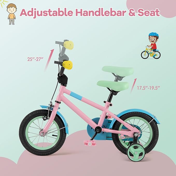 BABY JOY Colorful Macarons Kids Bike, 12 14 16 18 Inch Sporty Children's Bicycle with Training Wheels, Adjustable Handlebar & Saddle, Handbrake & Coaster Brake, Boys Girls Bike for 3-8 Years Old