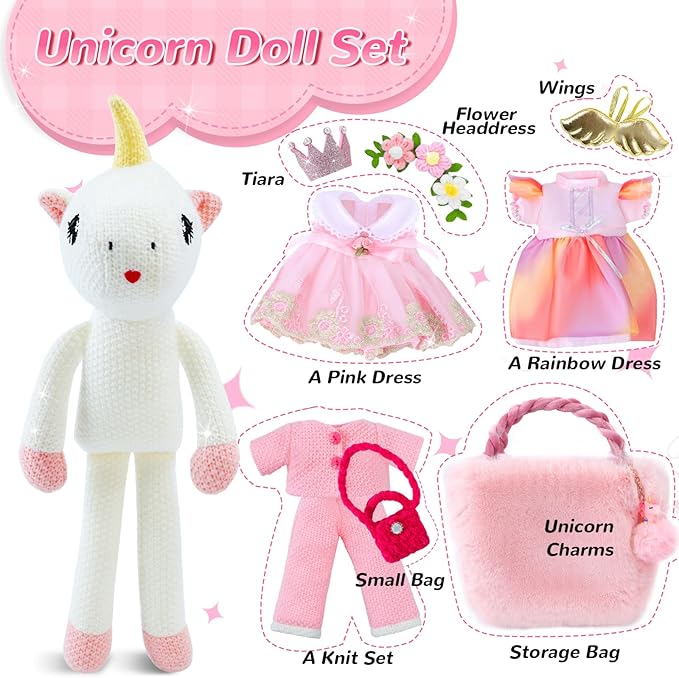 Unicorns Toys for Girls Age 3-10, Ballerina Stuffed Animal Girl Toys with 3 Set Clothes & Plush Storage Bag, Dress up Doll Birthday Gift for Toddles Girls Stocking Stuffers