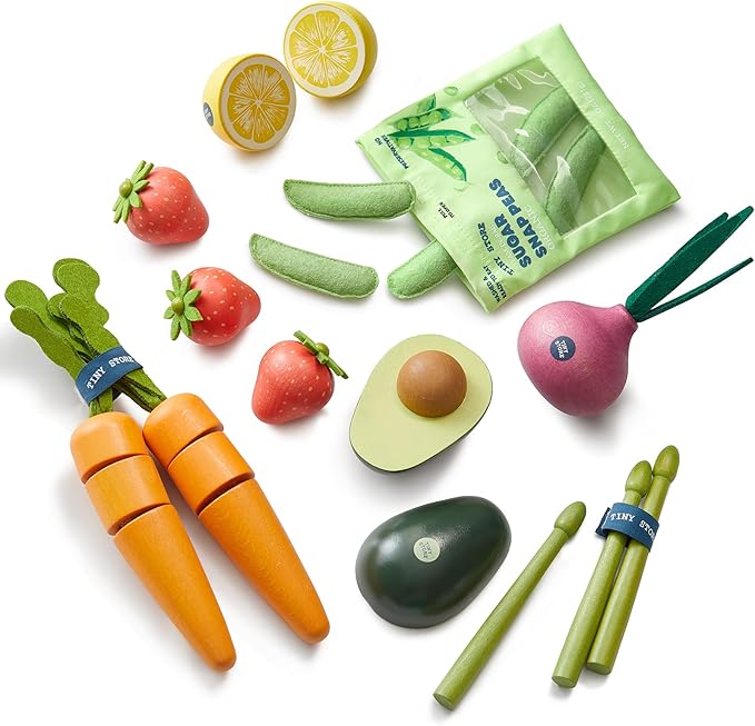 Tiny Land Organic Wooden Vegetable & Fruit Play Set – 7PCS Pretend Food for Kids, Montessori Kitchen Toy for Toddlers, Role Play Grocery Gift