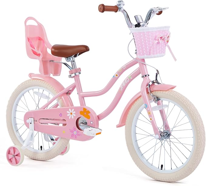 JMMD Girls Bike for 4-12 Years Old Kids, 12 14 16 18 20 24 Kids Bike with Training Wheels, Basket and Doll Seat, Toddler Girls Bicycles with Handbrake & Kickstand, Multiple Colors